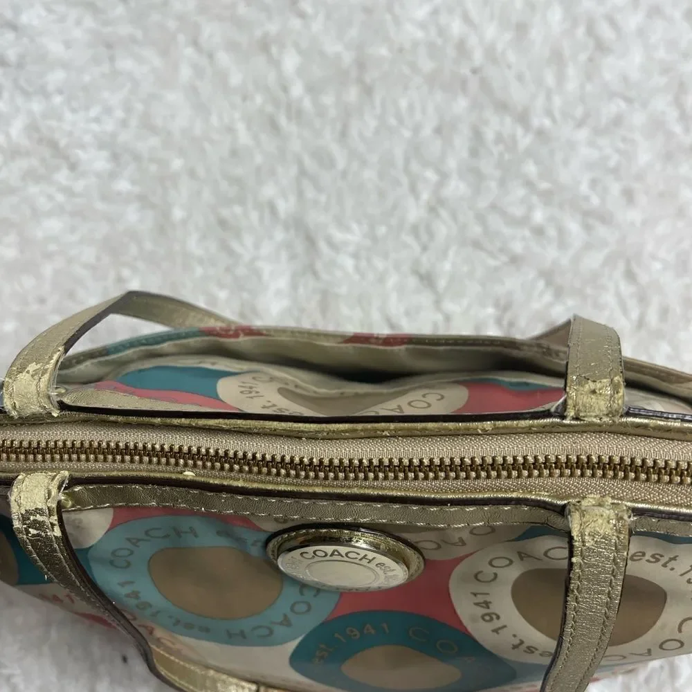 Coach satin scarf print 1941 beige ,khaki,peach & mint green color small tote. - Picture 9 of 16